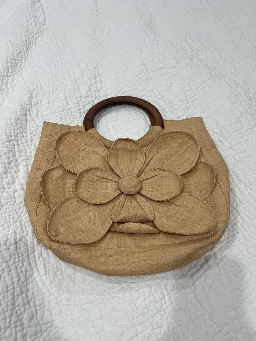 Beige Floral Straw Tote with Wooden Handles
